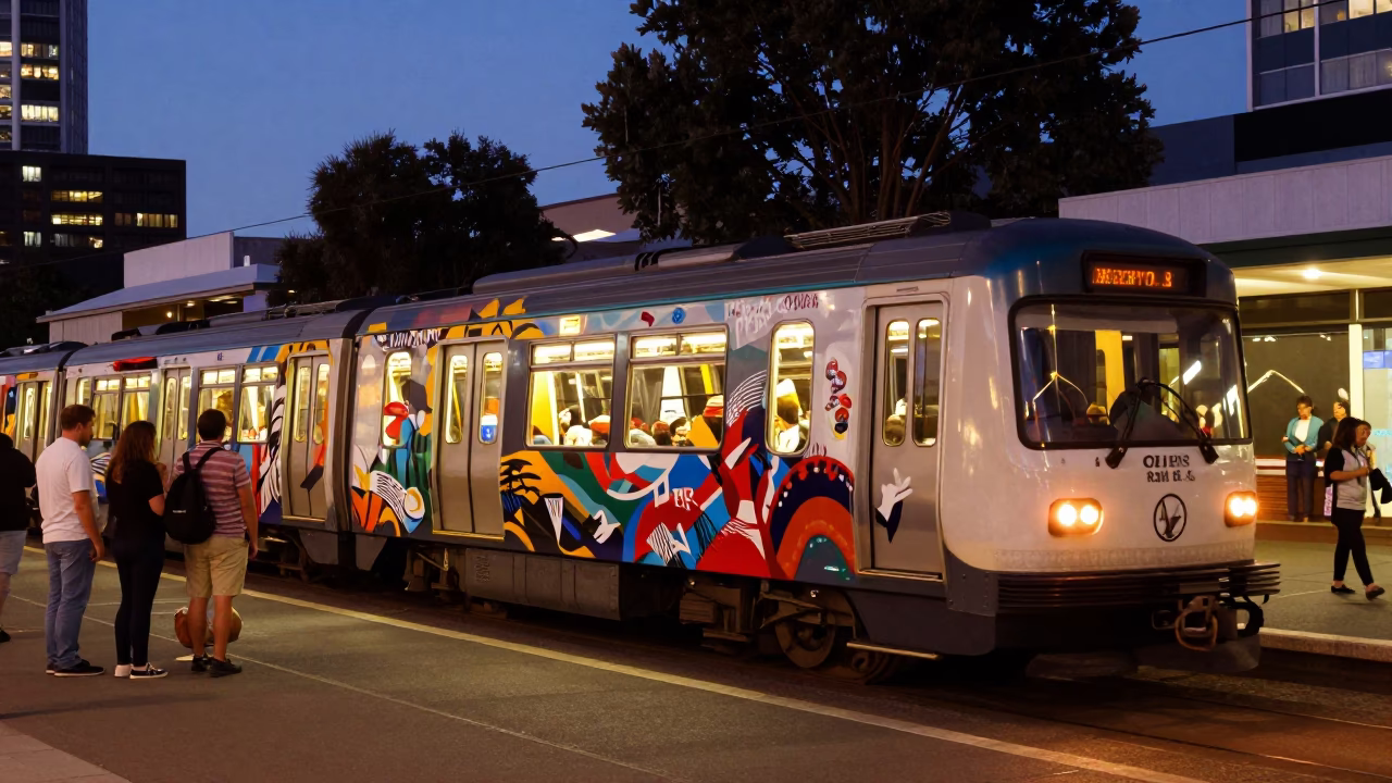 Perth Twilight Street Scene with Metro Train and Local Activity in in Perth, Western Australia, Australia