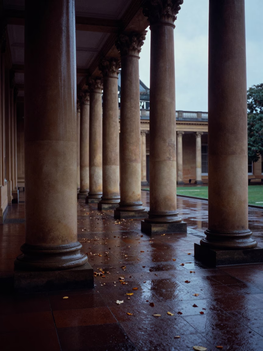 Perth University Arcade Blue Hour Wet Leaves Skittering Between Columns 1950s Style in in Perth, Western Australia, Australia