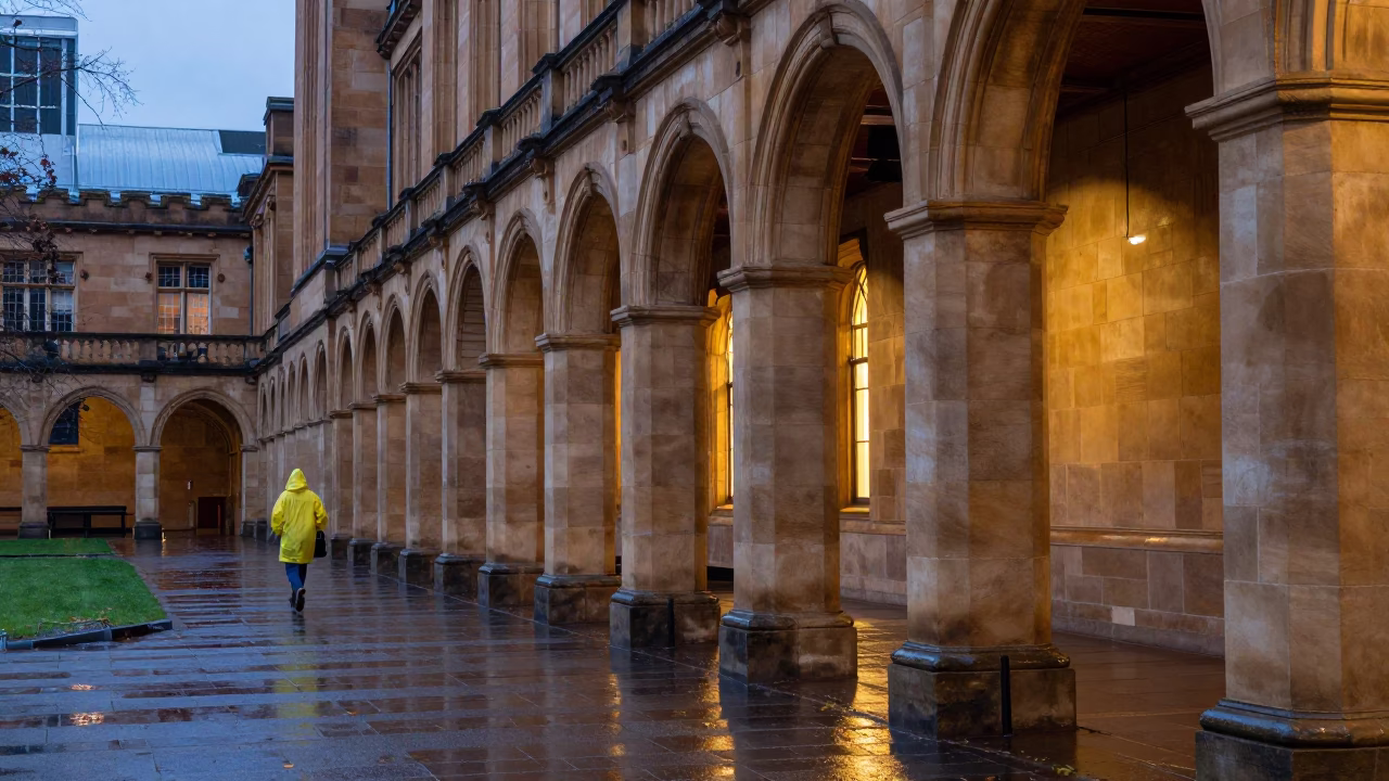 Perth University Arcade Dawn Scene With Wet Leaves Skittering Between Stone Columns in in Perth, Western Australia, Australia