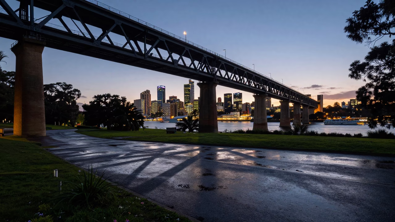 Perth Viaduct Shadow Over Allotment Gardens at Dusk with City Lights in in Perth, Western Australia, Australia