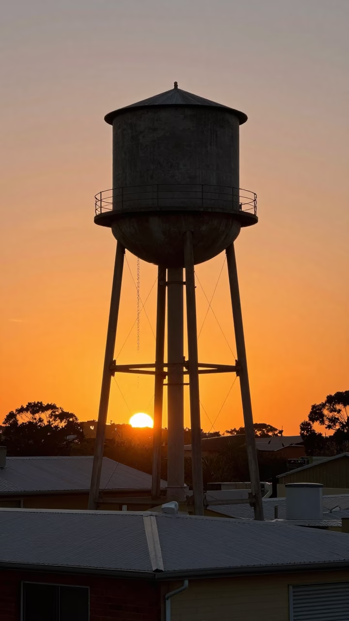 Perth Water Tower on Rooftop Against Golden Sunset Horizon in Western Australia in in Perth, Western Australia, Australia