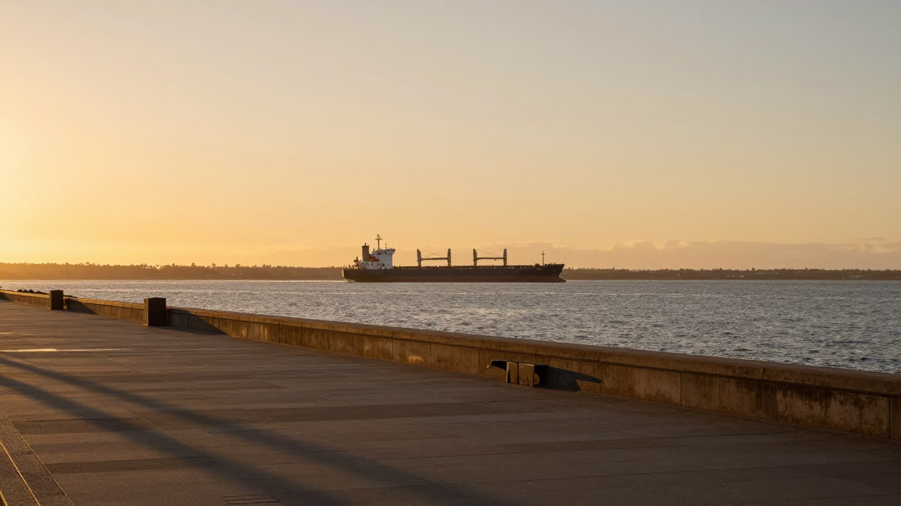 Perth waterfront evening light with cargo ship horizon and city skyline reflection in in Perth, Western Australia, Australia