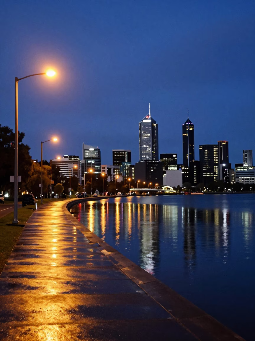 Perth Western Australia Blue Hour Street Scene with City Lights and Urban Reflections in in Perth, Western Australia, Australia