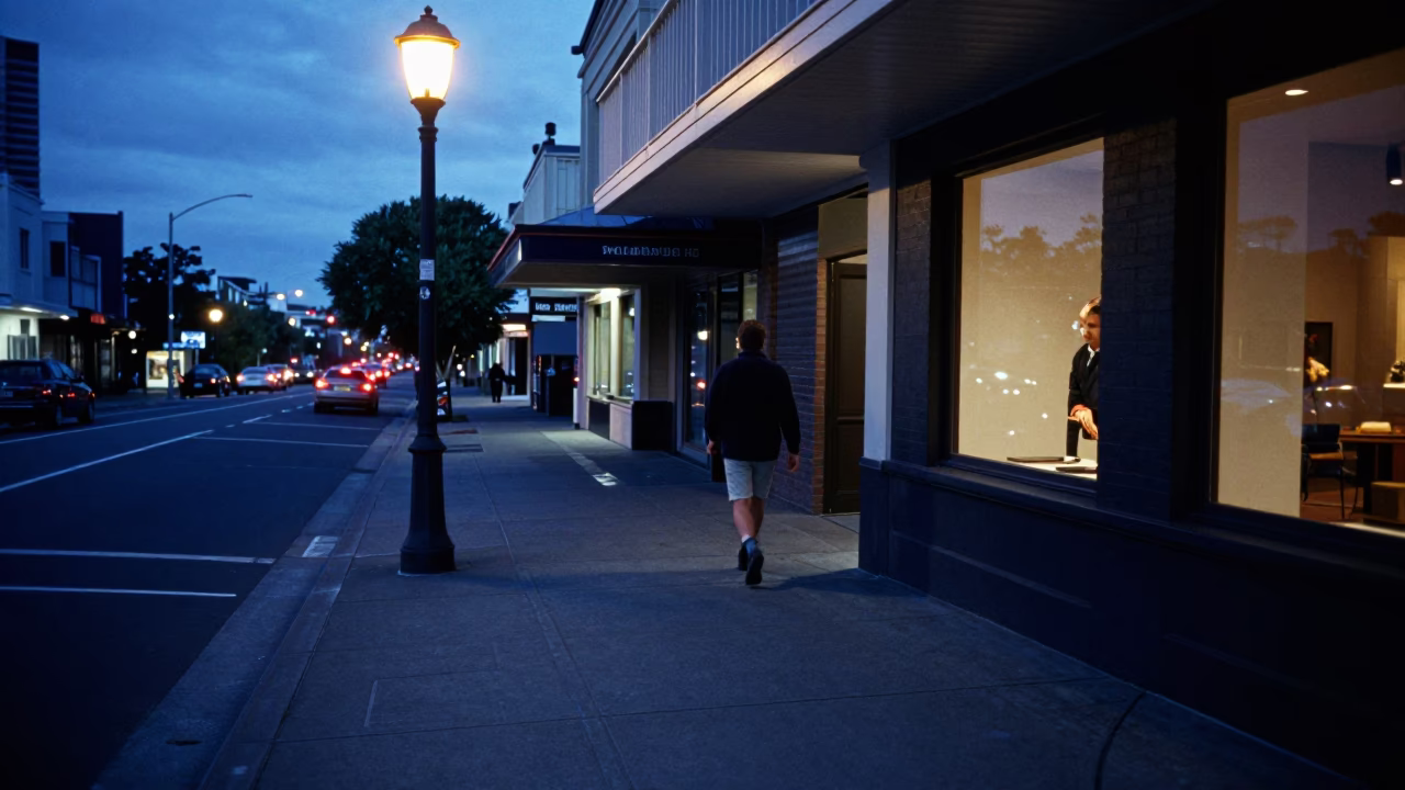 Perth Western Australia Blue Hour Street Scene with Lantern and Window Light in in Perth, Western Australia, Australia