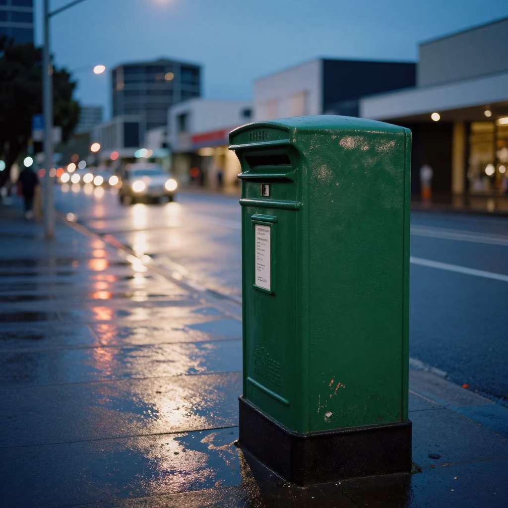 Perth Western Australia Blue Hour Street Scene with Mailbox and Urban Light Reflections in in Perth, Western Australia, Australia