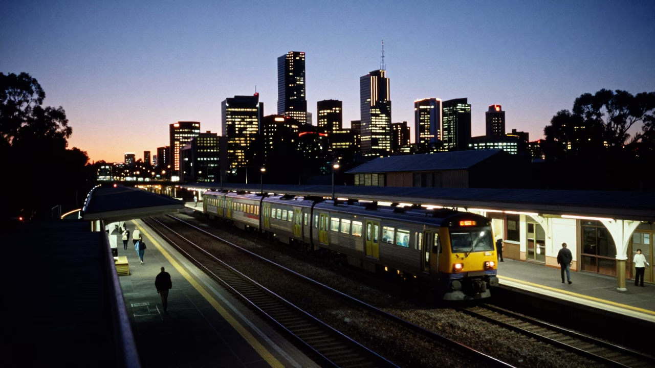 Perth Western Australia City Lights Glow at Twilight with Commuter Train at Platform in in Perth, Western Australia, Australia