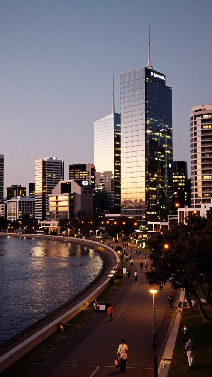 Perth Western Australia city lights glow evening street scene with modern architecture and pedestrians in in Perth, Western Australia, Australia