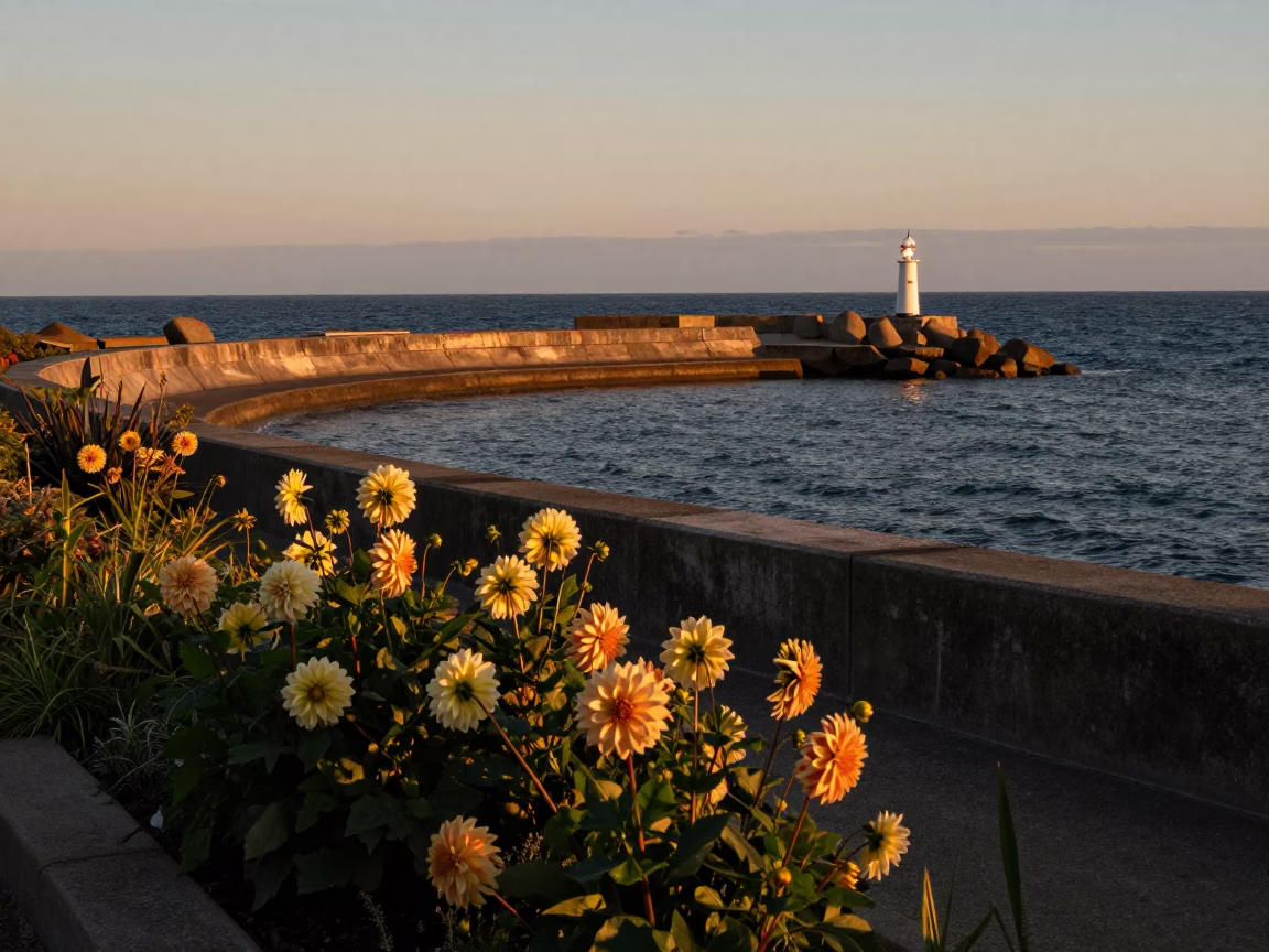 Perth Western Australia Coastal Breakwater Warning Beacons at Dusk with Dahlia Blooms in in Perth, Western Australia, Australia