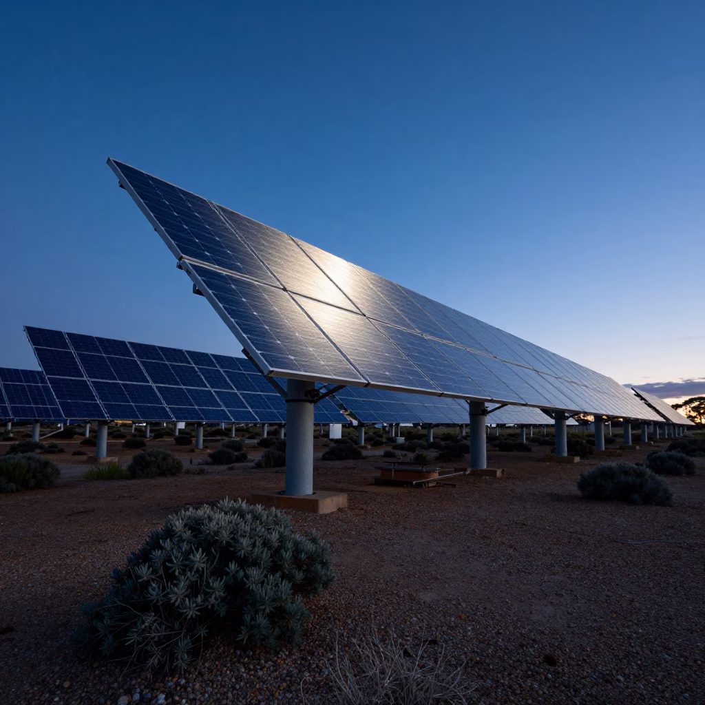 Perth Western Australia dawn solar array glinting silver over gravel scrub landscape in in Perth, Western Australia, Australia