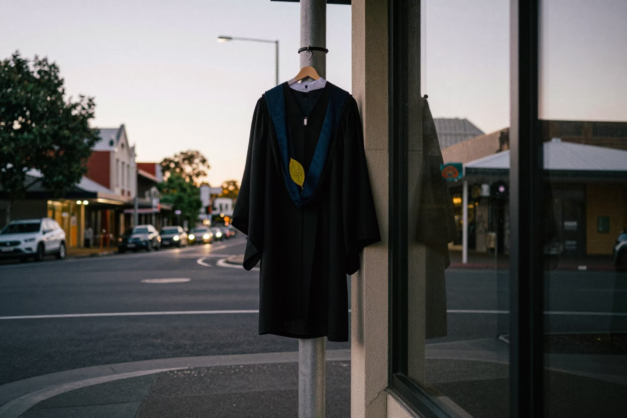Perth Western Australia Dawn Street Scene with Graduation Gown and Leaf Shadows in in Perth, Western Australia, Australia