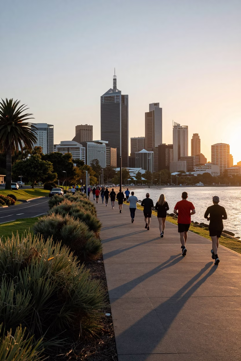 Perth Western Australia dawn street scene with locals and scrub brush near Swan River in in Perth, Western Australia, Australia