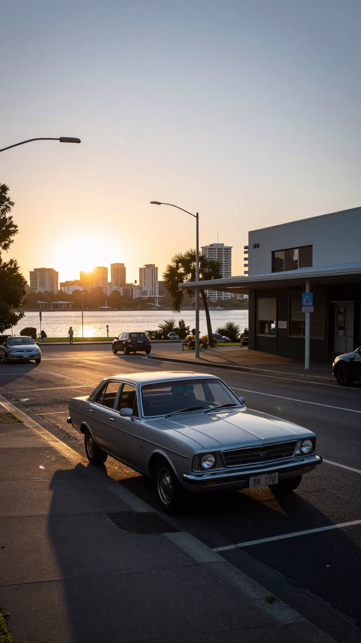 Perth Western Australia dawn street scene with vintage car and coffee cup in in Perth, Western Australia, Australia