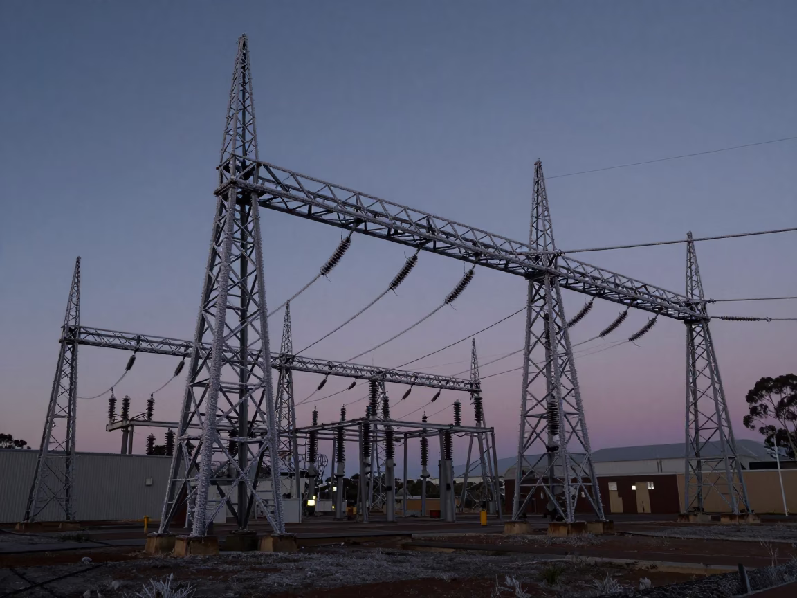 Perth Western Australia Dawn Transmission Substation Hoarfrost Before Sunrise Realistic Photograph in in Perth, Western Australia, Australia