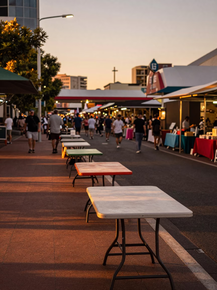 Perth Western Australia Dusk Street Scene Colorful Folding Tables Local Market in in Perth, Western Australia, Australia