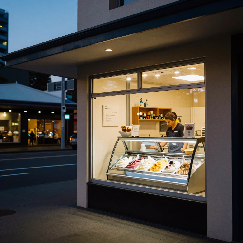 Perth Western Australia dusk street scene with gelato shop window and city lights in in Perth, Western Australia, Australia