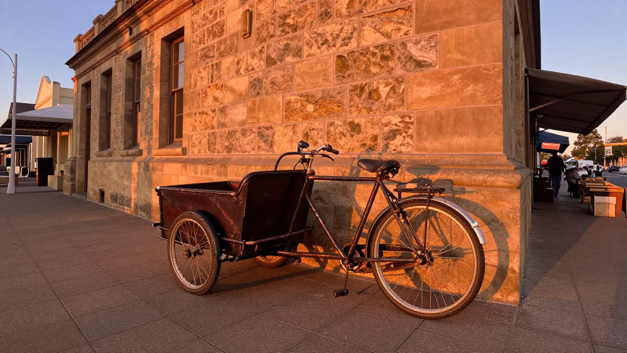 Perth Western Australia Dusk Street Scene with Vintage Bicycle and Market Produce in in Perth, Western Australia, Australia