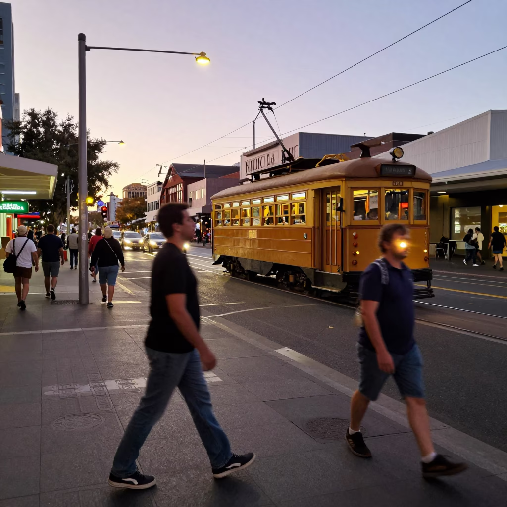 Perth Western Australia Early Evening Street Scene with Heritage Tram and Cobblestone Avenue in in Perth, Western Australia, Australia