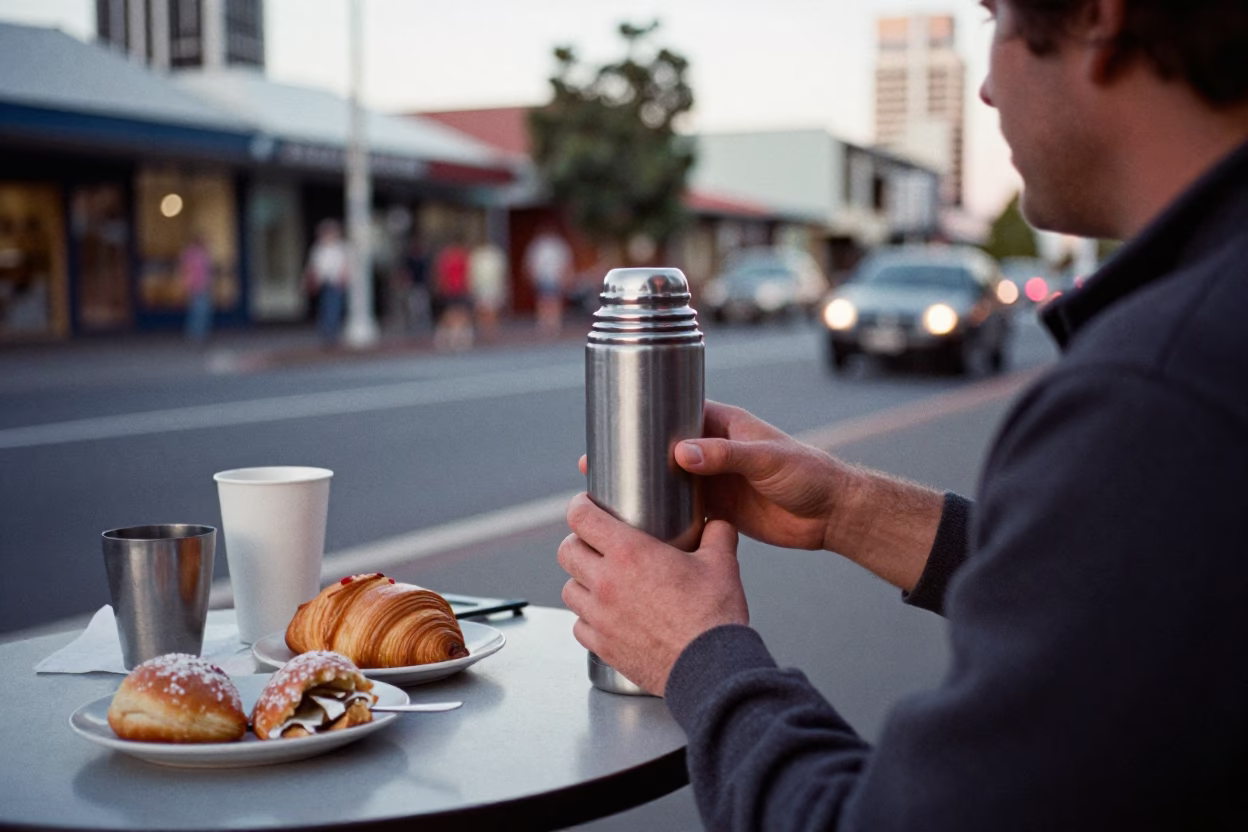 Perth Western Australia early evening street scene with thermos and pastries in in Perth, Western Australia, Australia