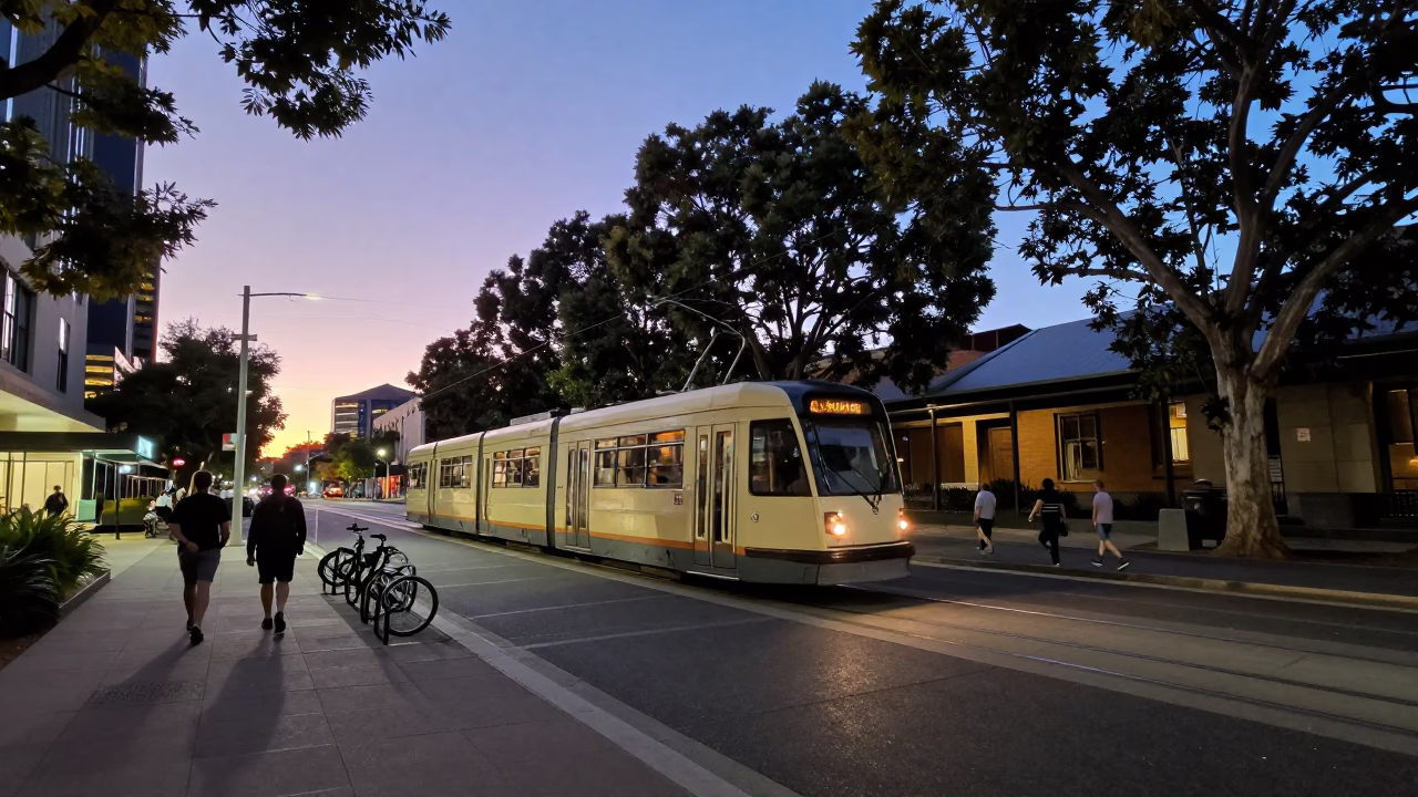 Perth Western Australia Early Evening Street Scene with Tram and Urban Details in in Perth, Western Australia, Australia