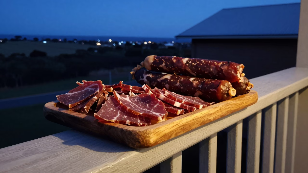 Perth Western Australia Evening Light on Tray of Biltong and Droëwors in in Perth, Western Australia, Australia