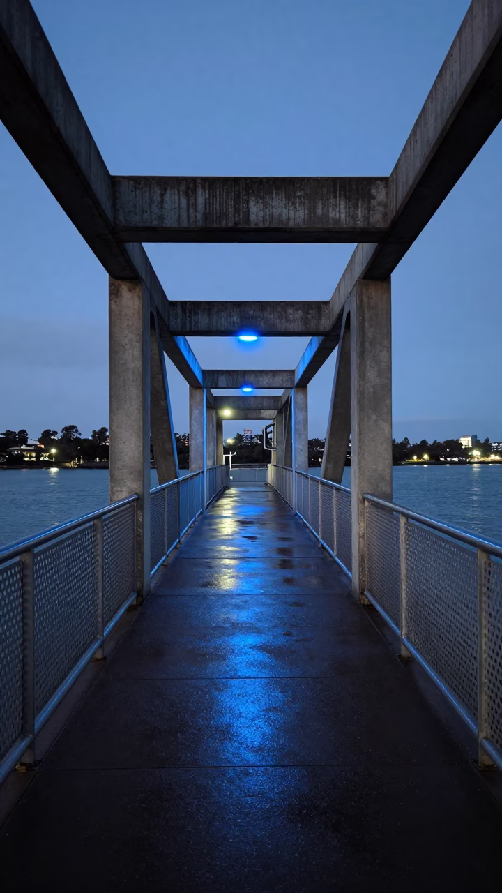 Perth Western Australia evening pedestrian overpass with wet metal and reflections in in Perth, Western Australia, Australia
