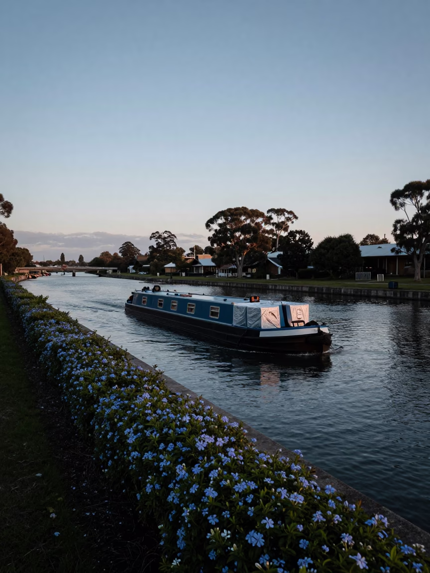 Perth Western Australia Evening Plumbago Hedge and Canal Barge at Blue Hour in in Perth, Western Australia, Australia