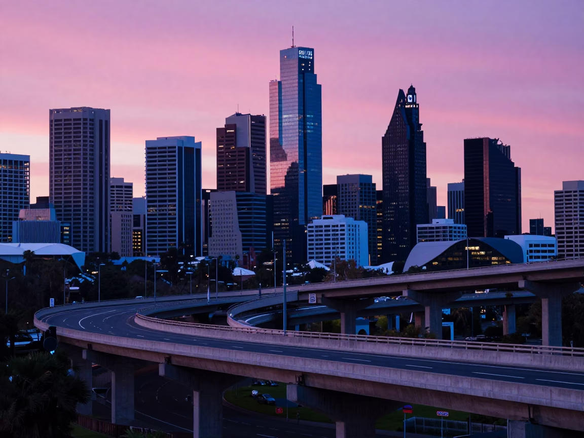 Perth Western Australia Evening Skyline Highway Flyover Stack Against Pink Twilight in in Perth, Western Australia, Australia
