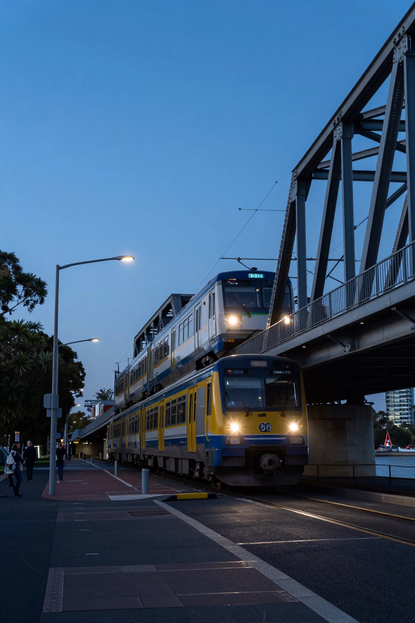 Perth Western Australia Evening Street Scene with Commuter Train Bridge Crossing Blue Hour in in Perth, Western Australia, Australia