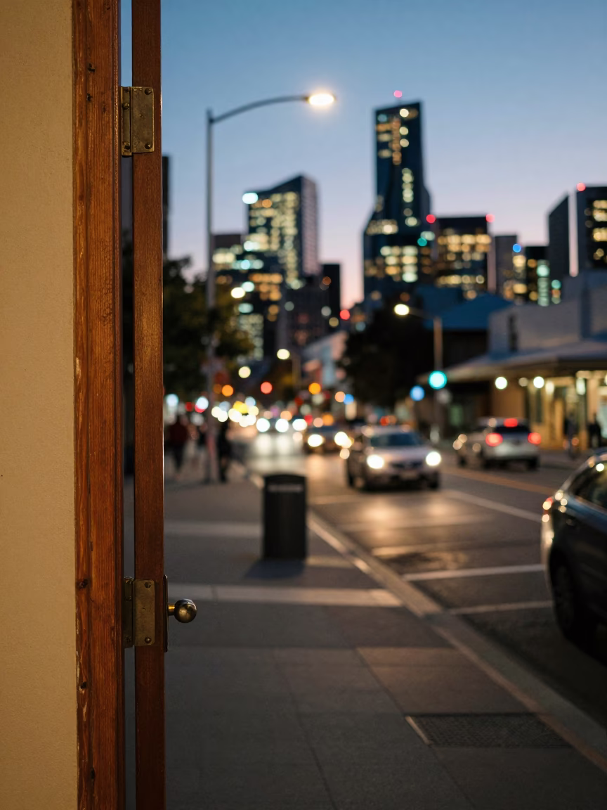 Perth Western Australia evening street scene with glowing city lights and doorframe details in in Perth, Western Australia, Australia
