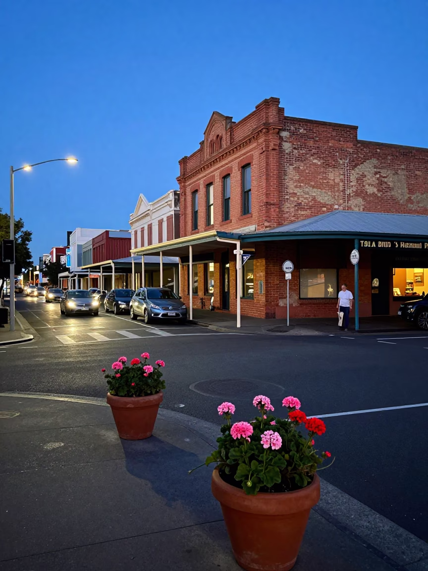Perth Western Australia Evening Street Scene with Potted Geraniums and Local Life in in Perth, Western Australia, Australia