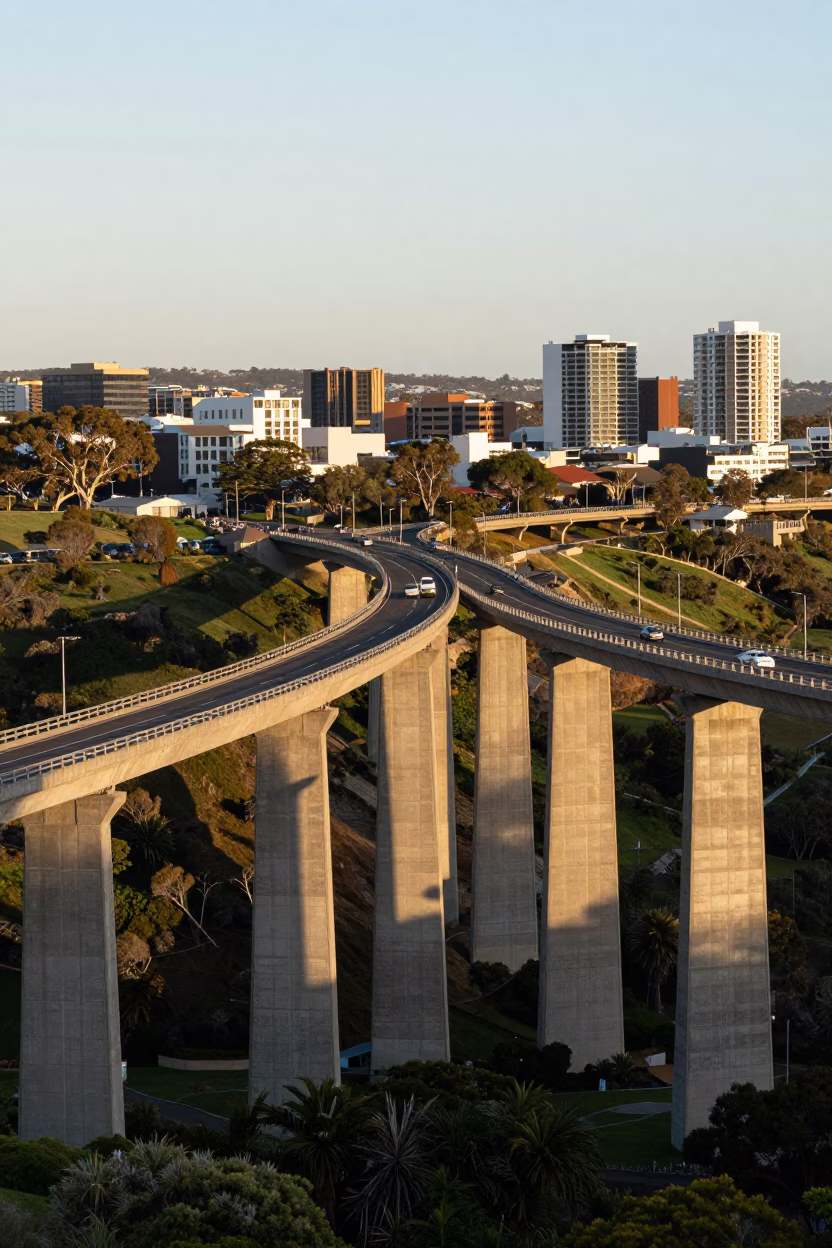 Perth Western Australia First Light Concrete Viaduct Curving Across Valley Floor in in Perth, Western Australia, Australia