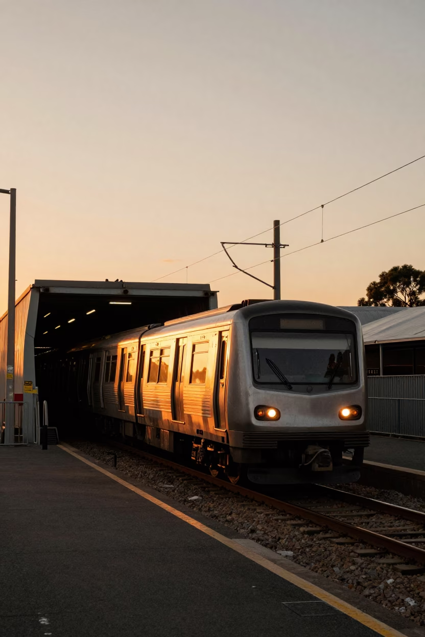 Perth Western Australia Golden Hour Street Scene with Metro Train and Construction in in Perth, Western Australia, Australia