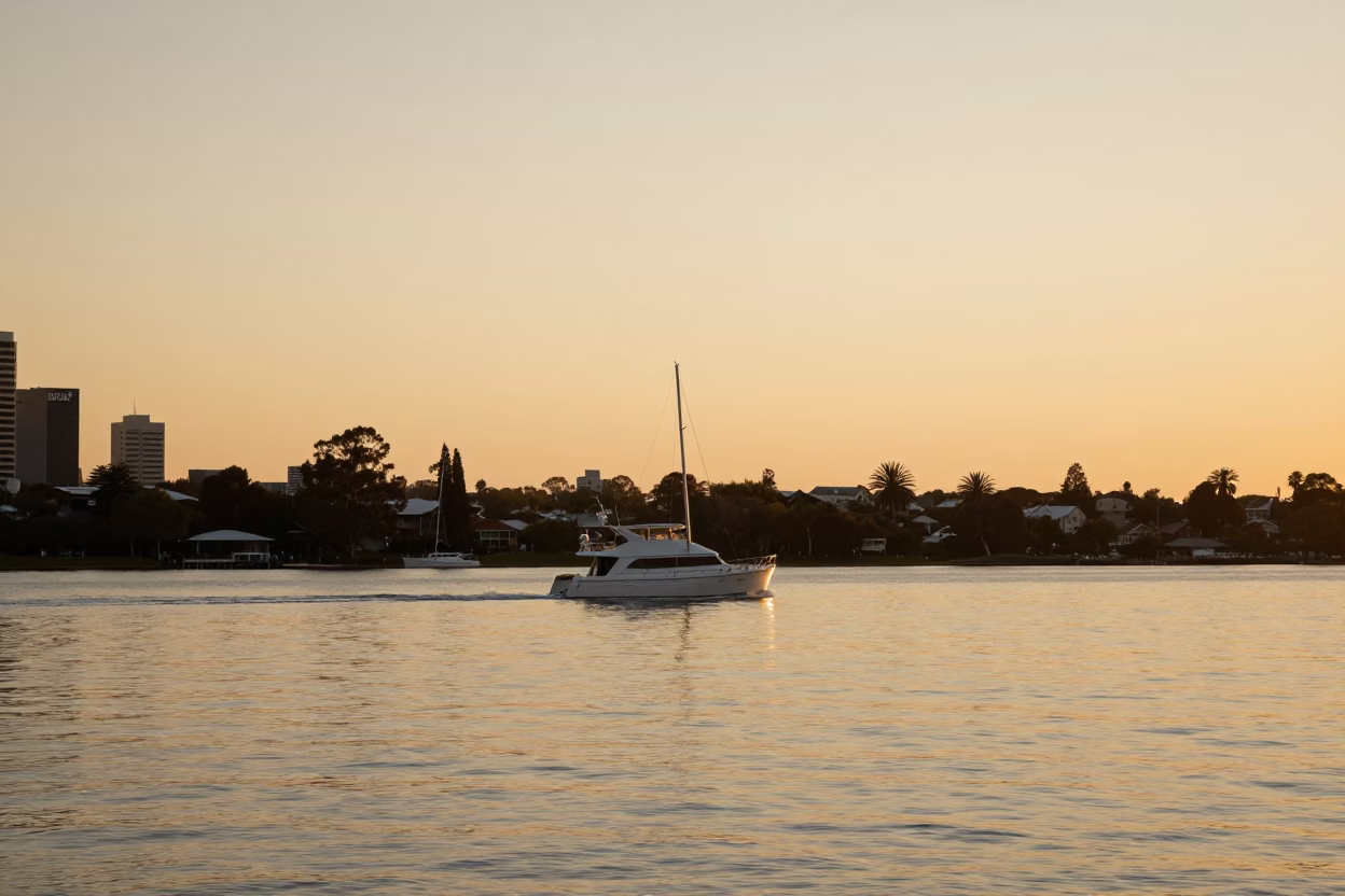 Perth Western Australia Honeyed Evening Light River Scene with Yacht and City Skyline in in Perth, Western Australia, Australia