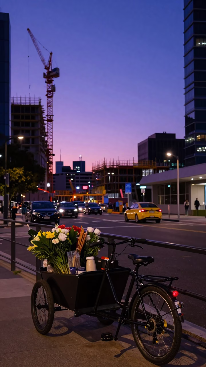 Perth Western Australia indigo twilight street scene with construction site and cargo bicycle in in Perth, Western Australia, Australia