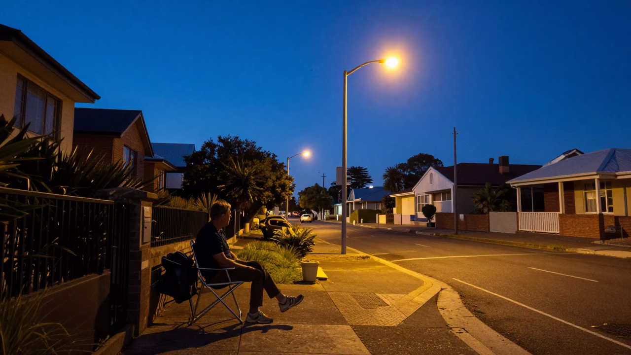 Perth Western Australia indigo twilight street scene with folding chair and slippers in in Perth, Western Australia, Australia