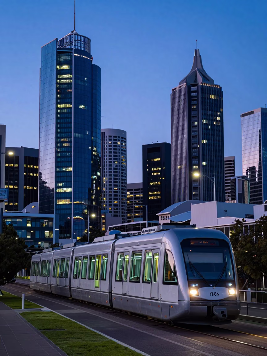 Perth Western Australia indigo twilight street scene with monorail and glass towers in in Perth, Western Australia, Australia