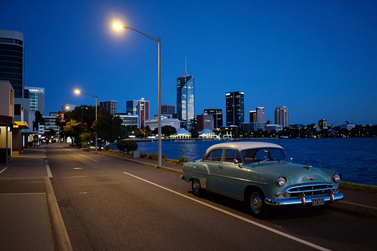 Perth Western Australia indigo twilight street scene with vintage 1950s charm in in Perth, Western Australia, Australia