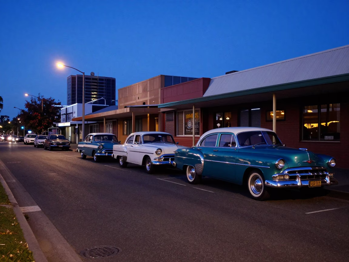 Perth Western Australia indigo twilight street scene with vintage cars and streetlights in in Perth, Western Australia, Australia