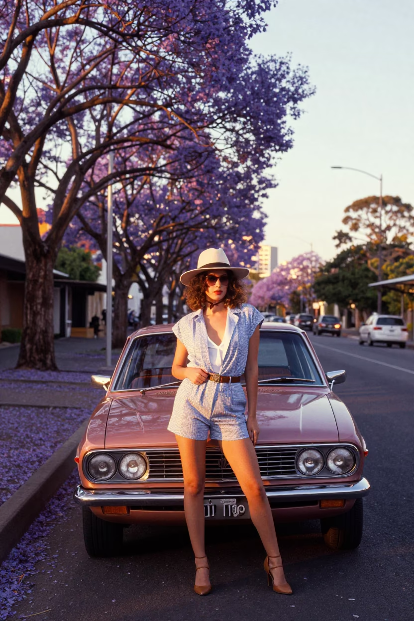 Perth Western Australia jacaranda boulevard sunrise fashion model vintage car in in Perth, Western Australia, Australia