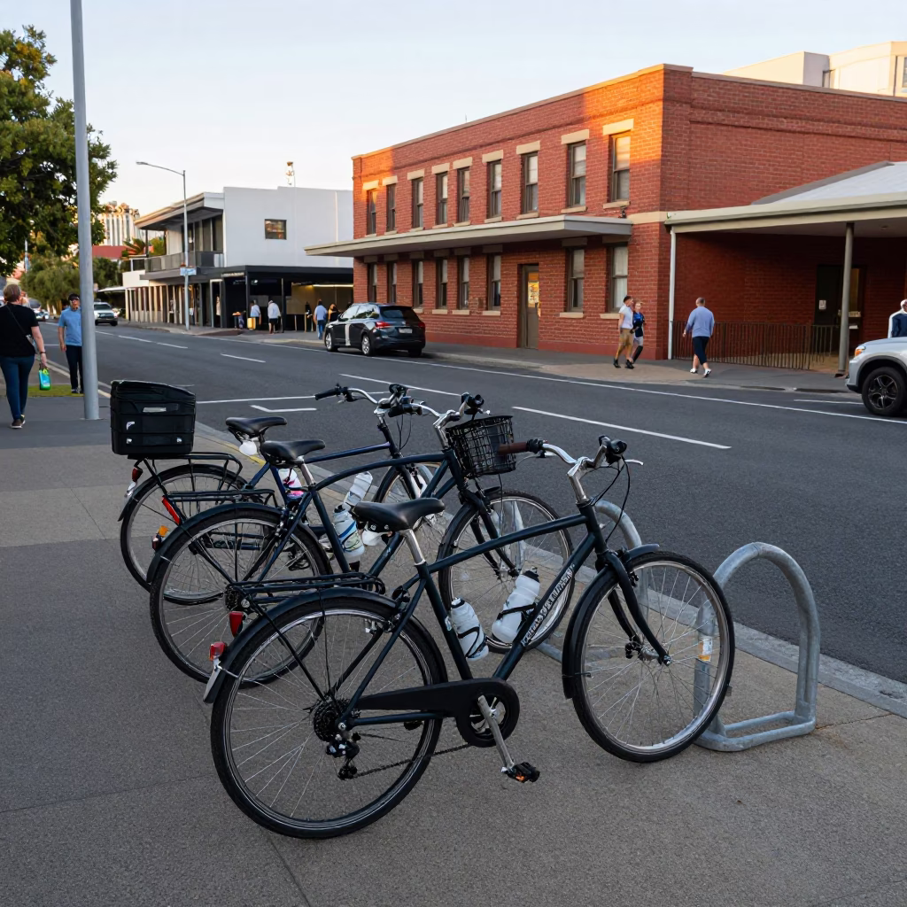 Perth Western Australia late afternoon street scene with bicycle rack and red brick building in in Perth, Western Australia, Australia