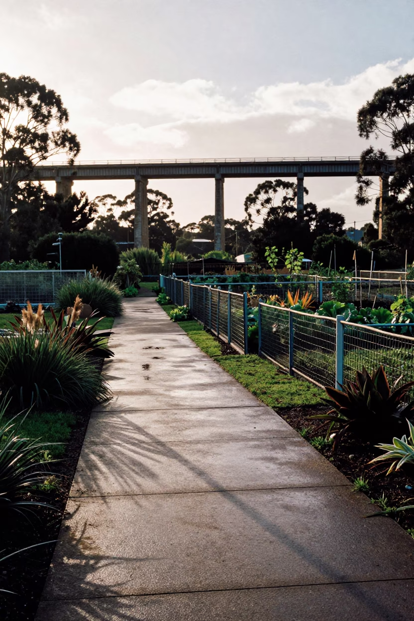 Perth Western Australia late afternoon viaduct shadow across allotment gardens after rain in in Perth, Western Australia, Australia
