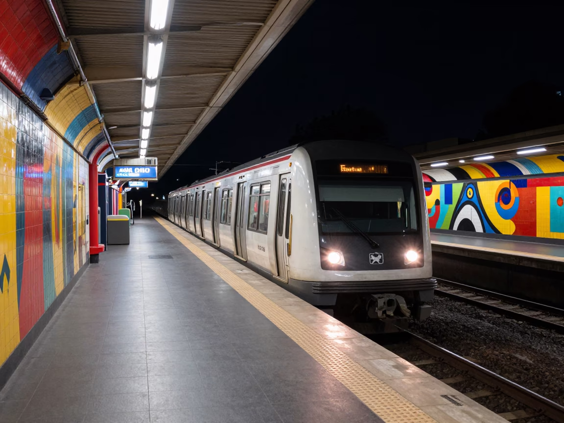 Perth Western Australia Metro Train at Night with Art Adorned Station Platform in in Perth, Western Australia, Australia