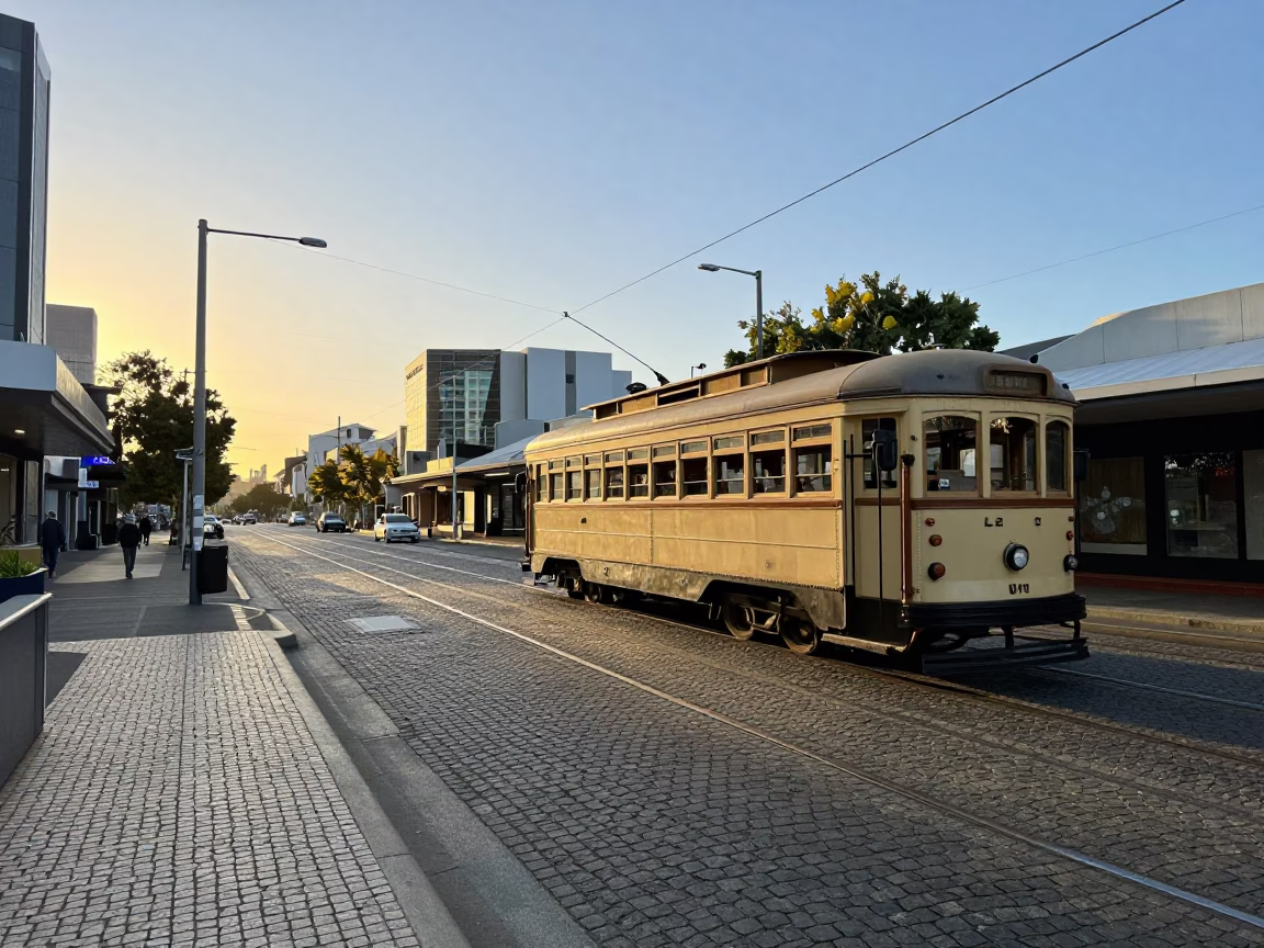 Perth Western Australia Morning Commute Heritage Tram Cobblestone Street Sunrise in in Perth, Western Australia, Australia