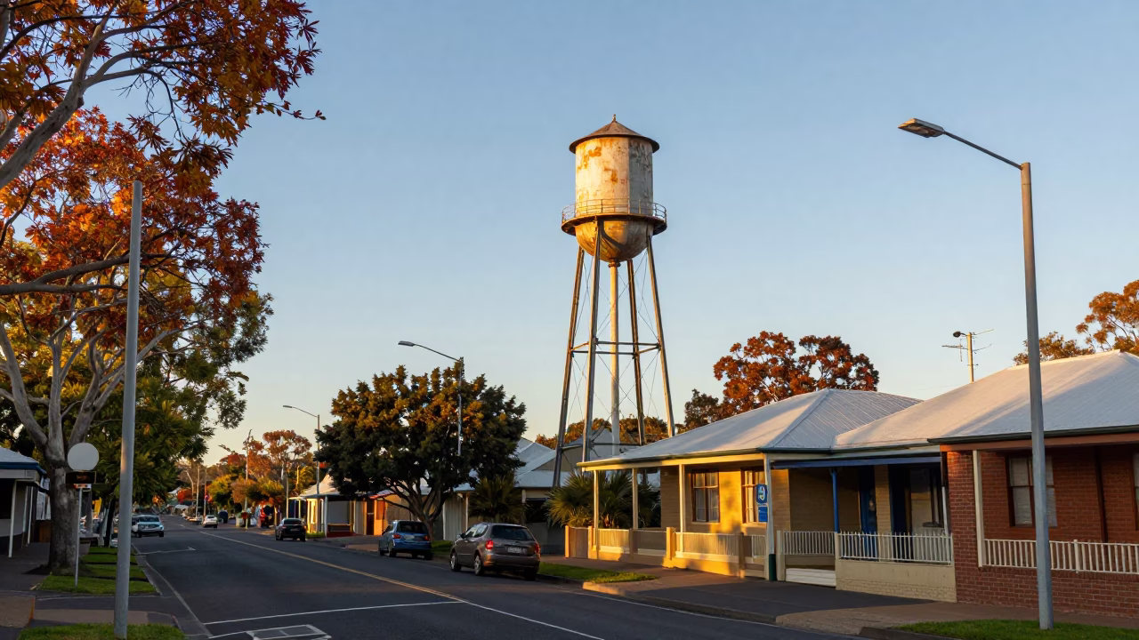 Perth Western Australia Morning Street Scene with Water Tower and Autumn Leaves in in Perth, Western Australia, Australia