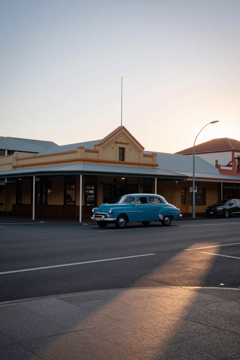 Perth Western Australia Nautical Dawn Street Scene with Vintage 1950s Architecture and Local Commuters in in Perth, Western Australia, Australia