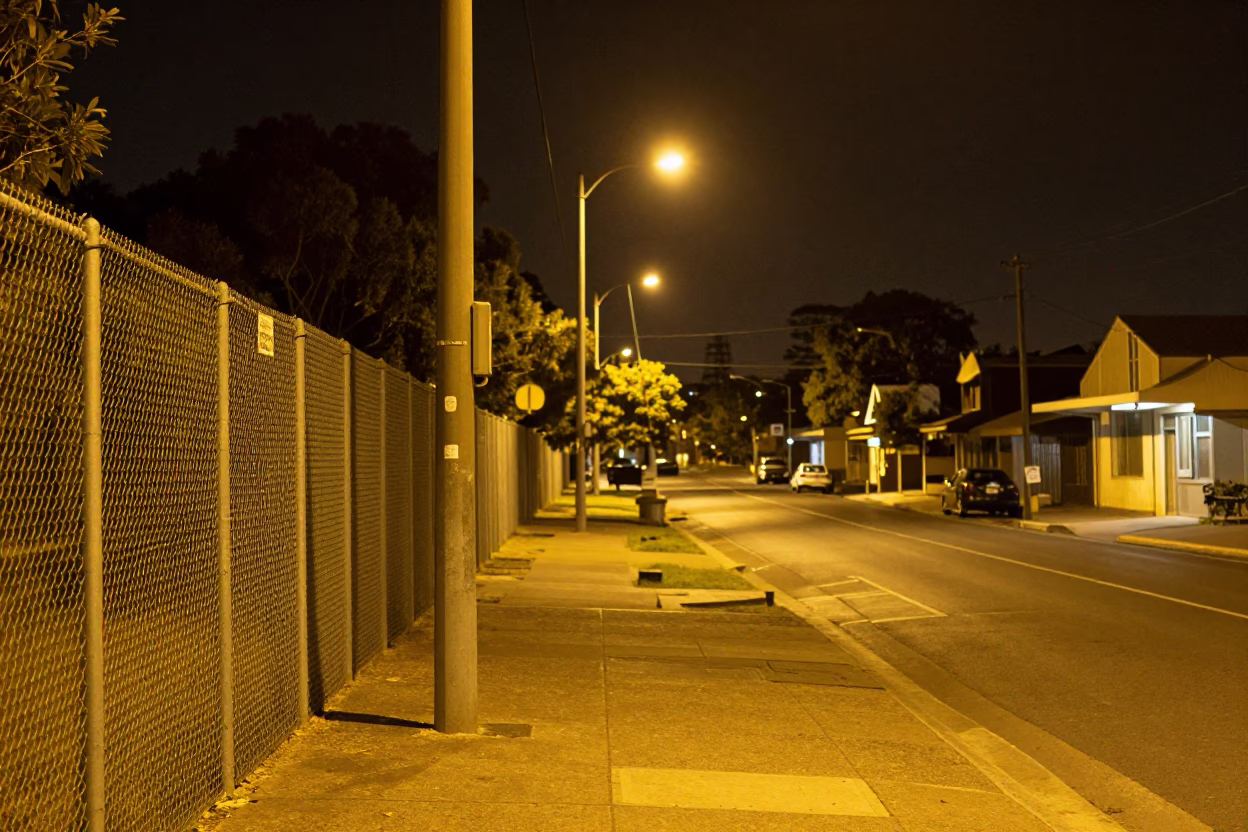 Perth Western Australia night street scene with substation fence and sodium lamps in in Perth, Western Australia, Australia