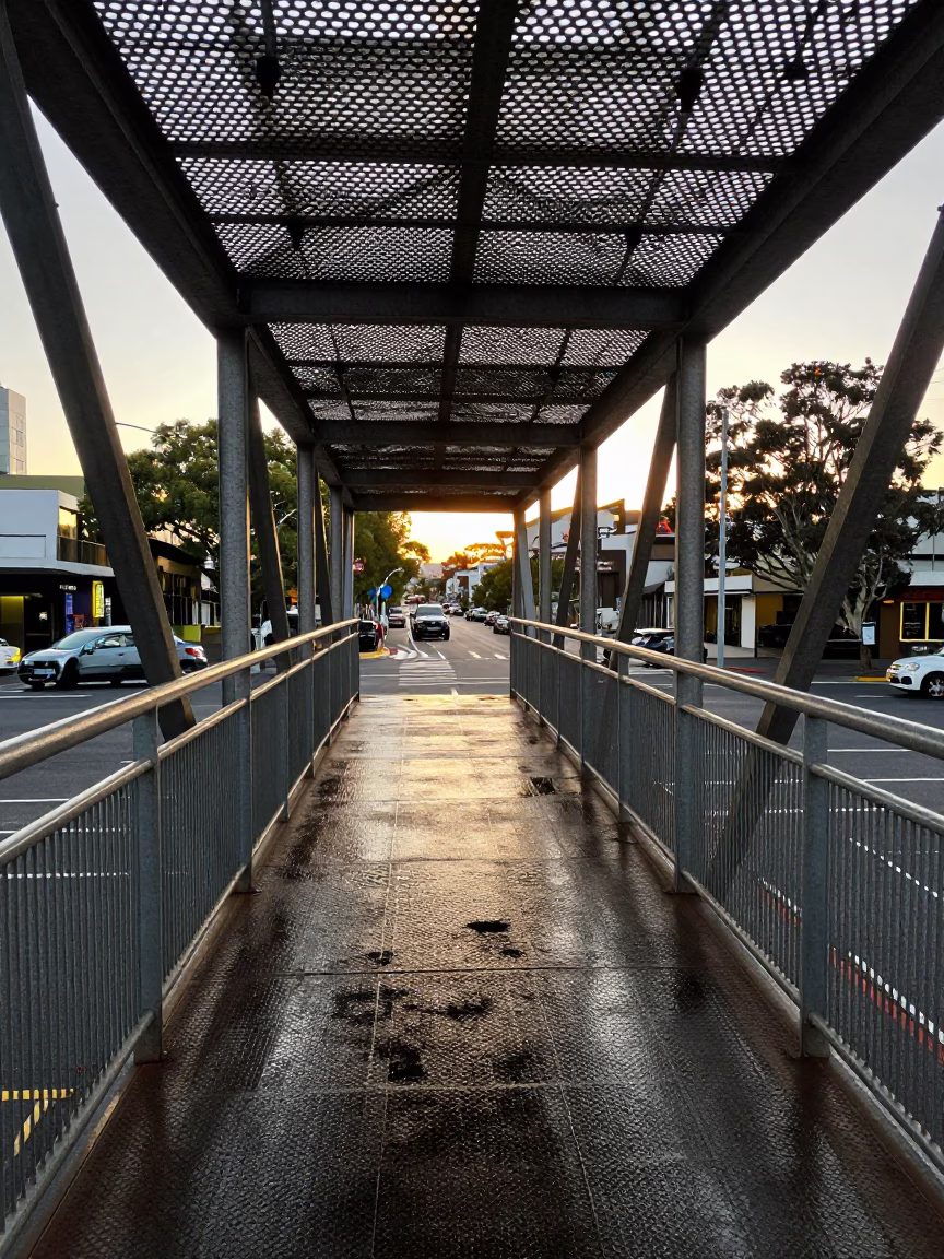 Perth Western Australia pedestrian overpass at sunrise with wet metal and city skyline in in Perth, Western Australia, Australia