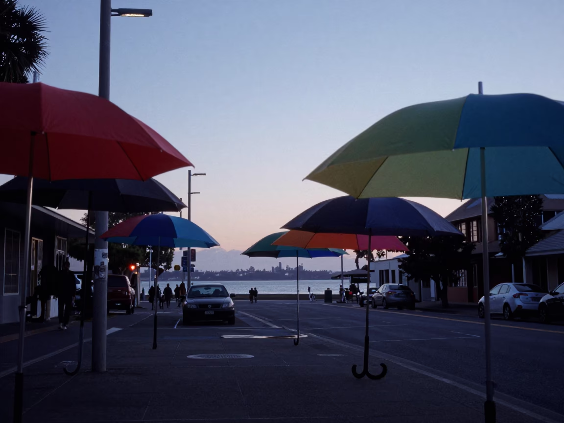 Perth Western Australia pre-dawn street scene with colorful umbrellas and latch details in in Perth, Western Australia, Australia