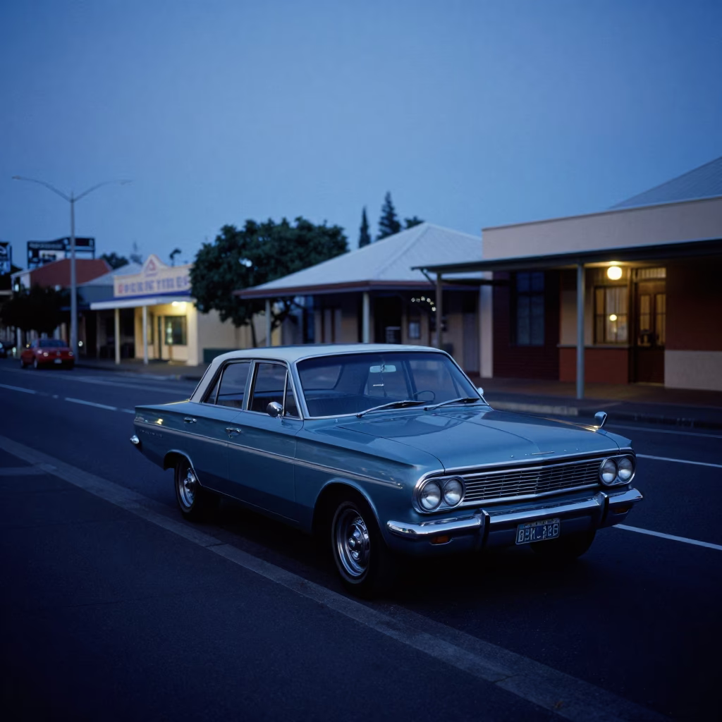 Perth Western Australia pre-dawn street scene with vintage 1960s car and streetlights in in Perth, Western Australia, Australia