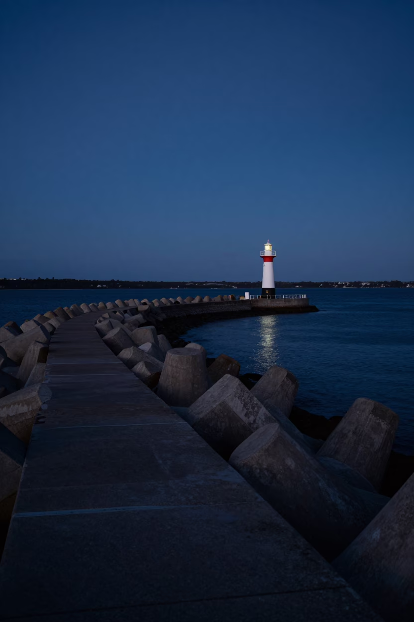 Perth Western Australia predawn harbor breakwater curve leading toward lonely beacon light in in Perth, Western Australia, Australia
